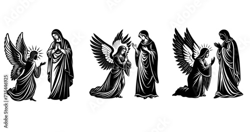 The Annunciation to the Blessed Virgin Mary. Vector linocut art illustration set