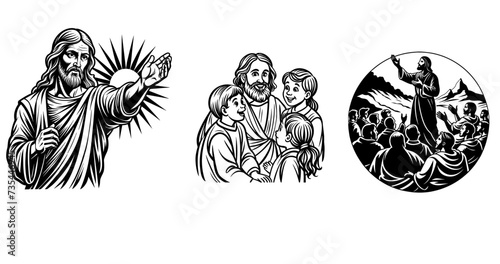 Jesus life evangelical scenes. Linocut set vector illustration 