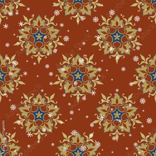 Seamless winter pattern with beautiful five point mandalas and snowflakes. On red background.