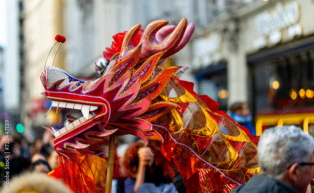 Dragon dance during Chinese lunar year celebrations in London, England