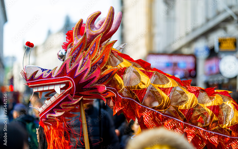 Dragon dance during Chinese lunar year celebrations in London, England