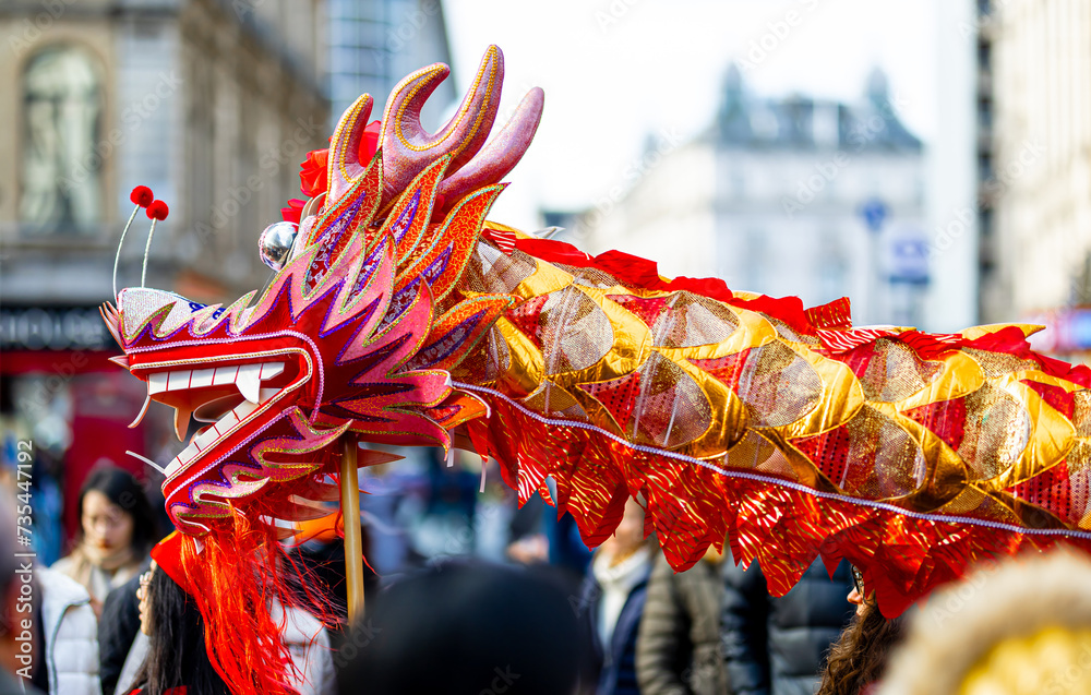 Dragon dance during Chinese lunar year celebrations in London, England