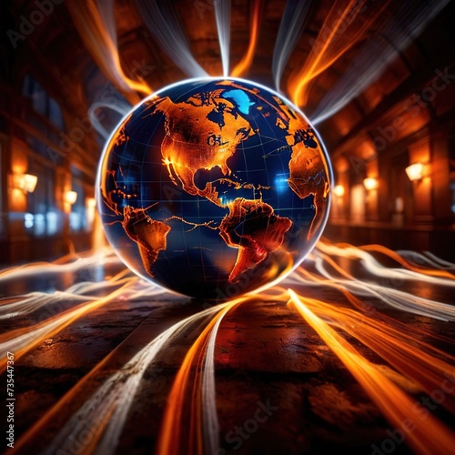 International movement, transport and connectivitiy represented by light streaks circling the globe