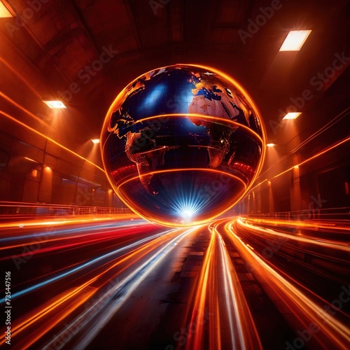 International movement, transport and connectivitiy represented by light streaks circling the globe
