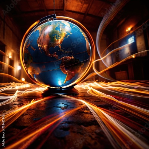 International movement, transport and connectivitiy represented by light streaks circling the globe photo