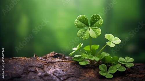 Four leaf clovers on a tree branch in a green forest, blurred background, banner, copy space, text space, template