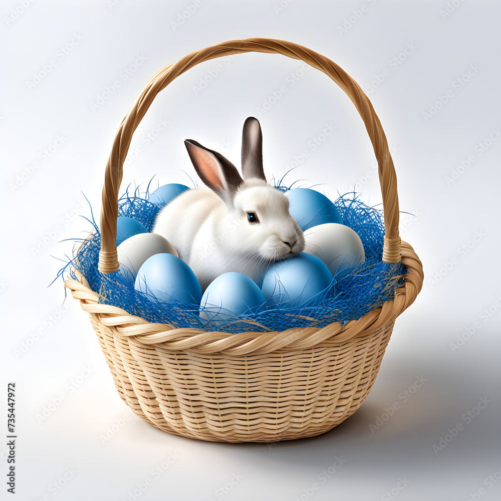 straw baskets with white and blue easter eggs with bunny straw baskets with white and blue easter eggs with bunny