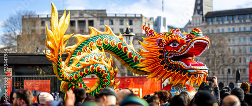Obraz na płótnie Dragon dance during Chinese lunar year celebrations in London, England w salonie