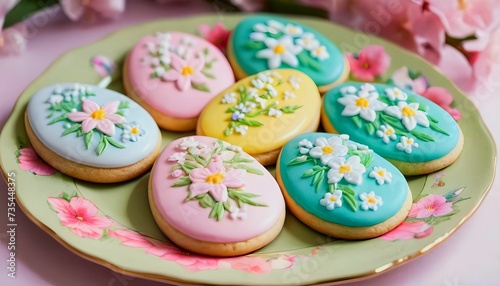 Pastel-colored iced cookies in egg shapes on a floral plate, adorned with spring blossoms created with generative ai