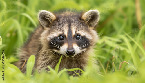 A young raccoon peeks curiously through the lush green grass