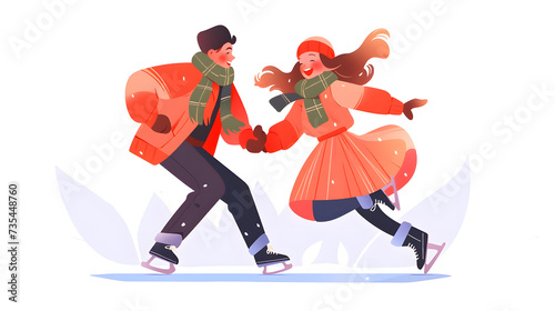 Flat illustration very sweet couple ice skating in winter clothes