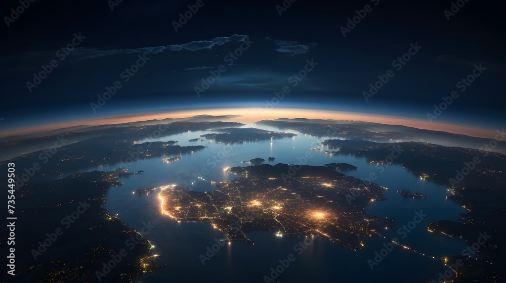 photorealistic image of earth from ISS, night scene, long exposure, cityscape, breathtaking visual, lens bloom, high detail, by Skyrn99, high quality, high resolution