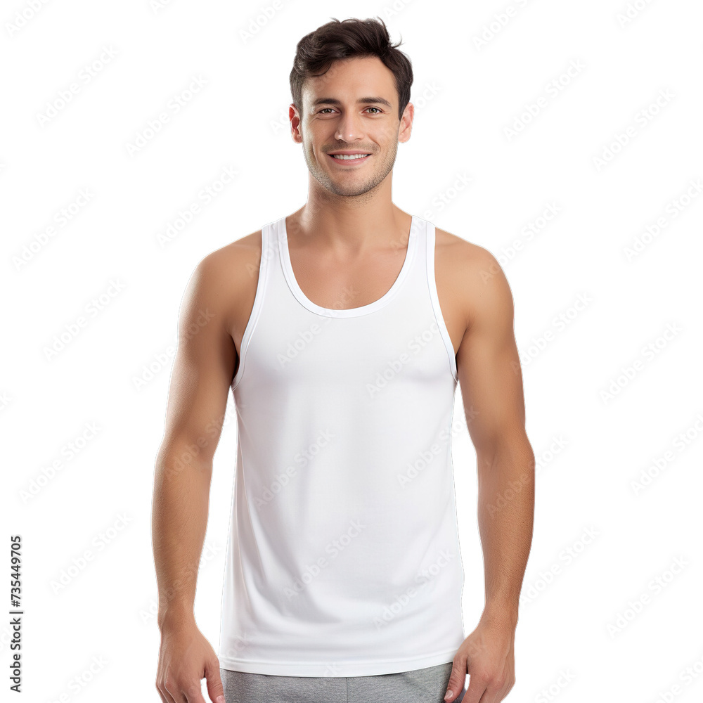 man in white singlet isolated on transparent background, fit model, happy, attractive, muscular, tank top, muscle shirt, undershirt