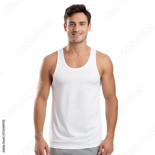 Obraz na płótnie man in white singlet isolated on transparent background, fit model, happy, attractive, muscular, tank top, muscle shirt, undershirt w salonie