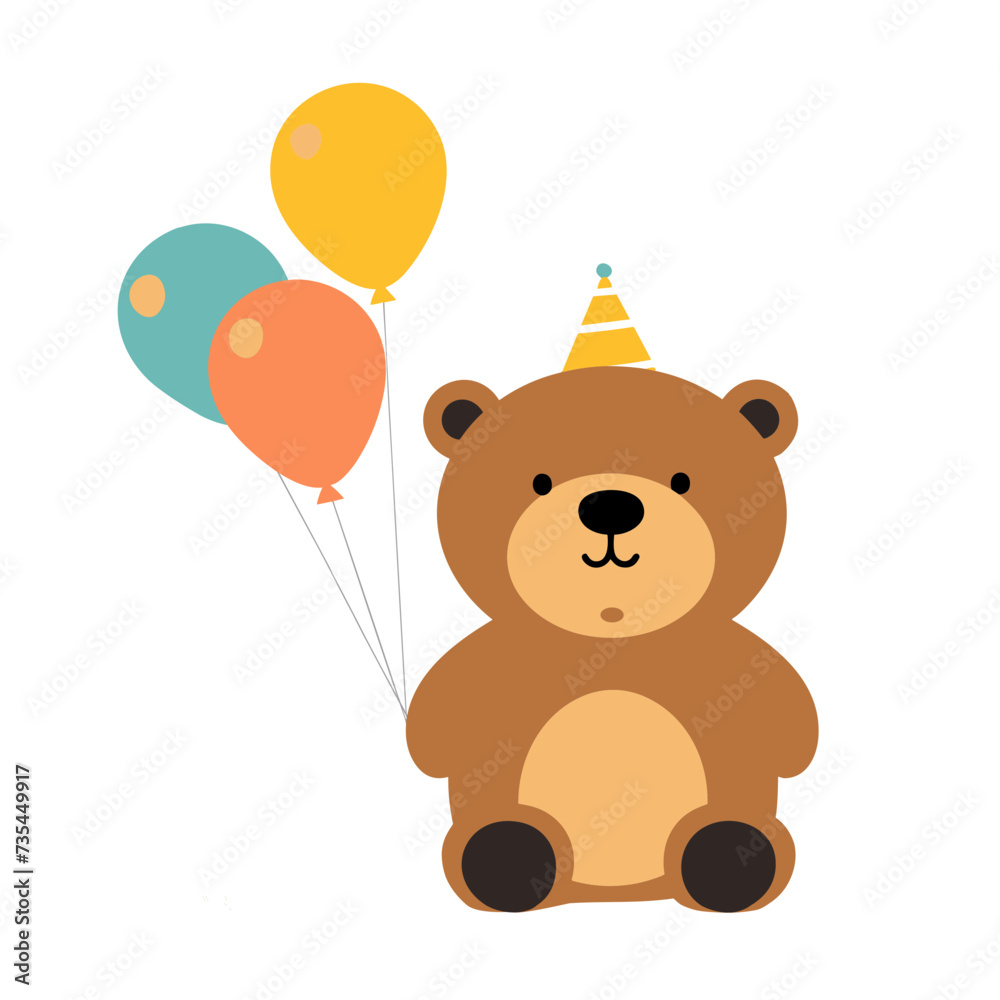 Fototapeta premium teddy bear with birthday hat and balloons vector illustration isolated transparent background logo, cut out or cutout t-shirt print design