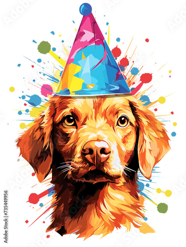 dog with birthday hat and balloons vector illustration isolated transparent background logo, cut out or cutout t-shirt print design