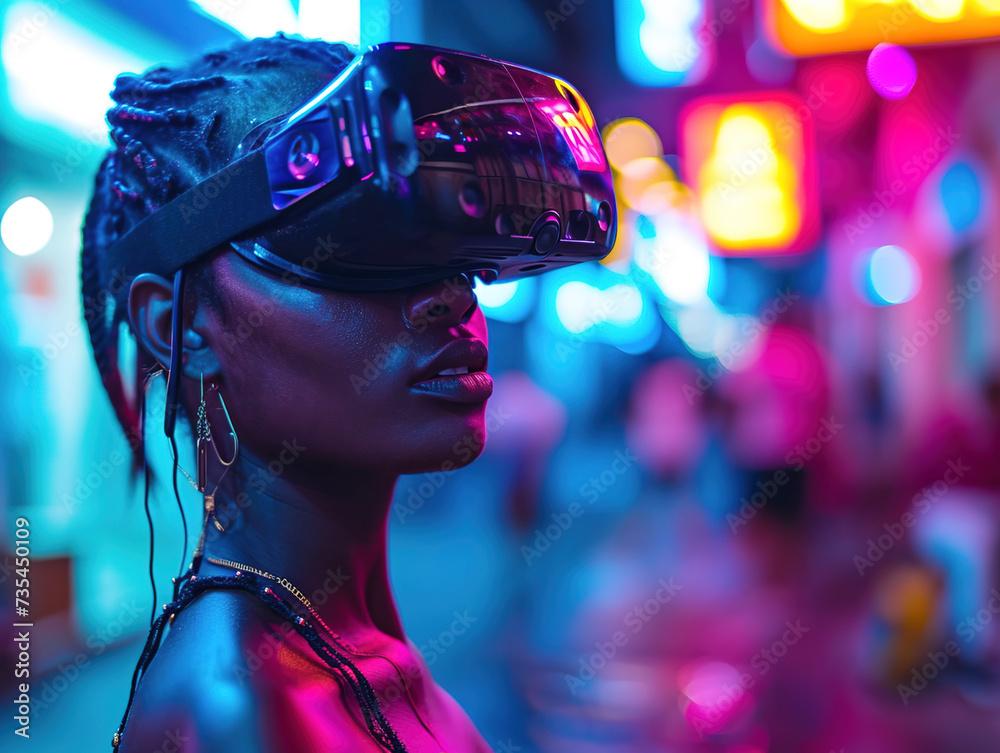 Young black woman with virtual reality headset on night city street with neon lights.
Young black woman with virtual reality headset on night city street with neon lights.