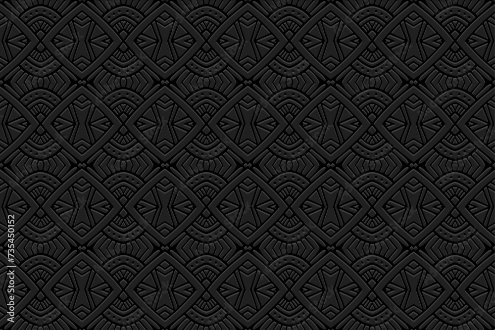 Embossed black background, cover design. Handmade, boho, doodle, zentagle. Geometric abstract 3D pattern. Ornaments, arabesques. Vintage art of the East, Asia, India, Mexico, Aztec, Peru. Embossed black background, cover design. Handmade, boho, doodle, zentagle. Geometric abstract 3D pattern. Ornaments, arabesques. Vintage art of the East, Asia, India, Mexico, Aztec, Peru.