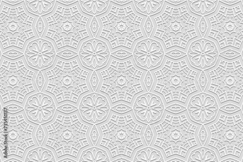 Embossed white background, cover design. Handmade, boho, doodle, zentagle. Geometric decorative 3D pattern. Ornaments, arabesques. Vintage art of the East, Asia, India, Mexico, Aztec, Peru.