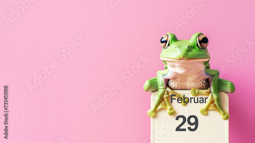 A cheerful funny Frog - a symbol of the day in a leap year, sits near a calendar with the date February 29. Frog jump event celebration concept