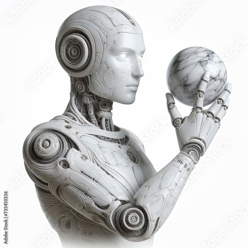 Android robot marble statue holding a marble orb