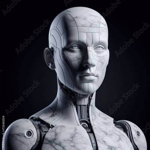 Android robot marble statue isolated on black background