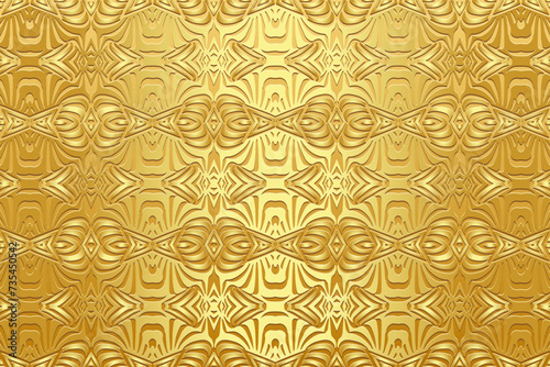Embossed luxury gold background, cover design. Handmade, boho, doodle, zentagle. Ornaments, arabesques. Geometric gold 3D pattern. Vintage art of the East, Asia, India, Mexico, Aztec, Peru.