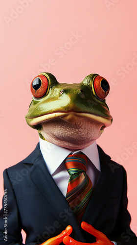 Elegant green frog with colorful tie in an office business suit on pink background. The concept is suitable for corporate or business themes