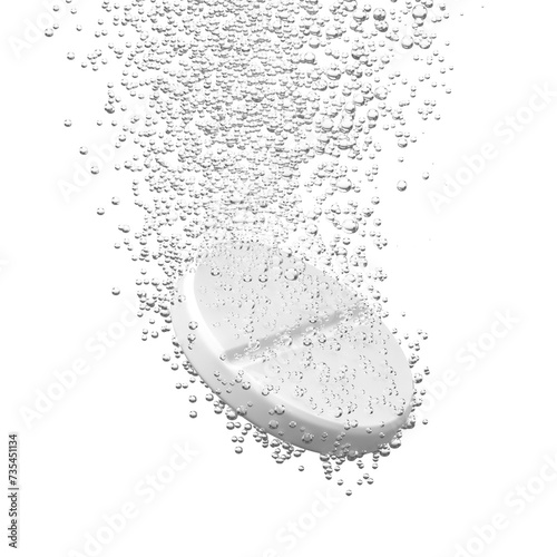 Effervescent pill falling with half transparent bubbles. Fizzy tablet dissolving. Png clipart isolated on transparent background photo