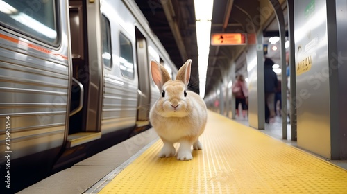 The cute bunny hurries to the subway