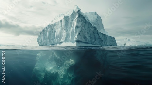 An iceberg reveals its majesty both above and below the water in an imposing sight. Front view of iceberg showing only a fraction of its true mass. © Vagner Castro