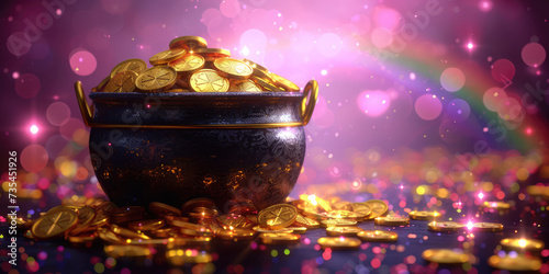 A pot overflowing with golden coins against a sparkling, magical backdrop, evoking the mythical imagery of a treasure trove.