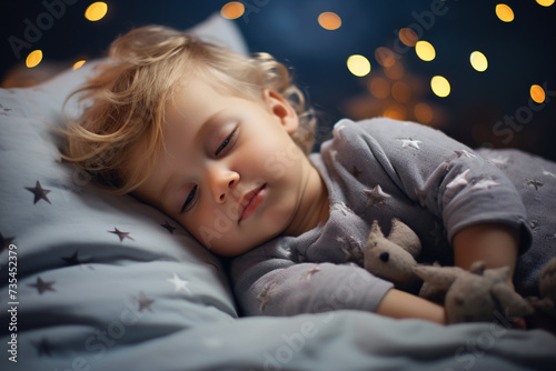cute funny pretty beautiful happy baby child toddler boy girl sleeping in bedroom daughter son, toy calm sweet dream young parents care childhood comfortable teddy asleep pillow.
