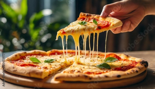 close up of a cheese pizza slice being lifted showcasing the stretchy cheese