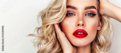 Beautiful young woman with blonde hair and bold red lipstick showcasing modern femininity and elegance photo
