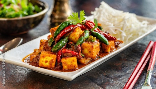 a dish of fried chilli paneer at an indian restaurant