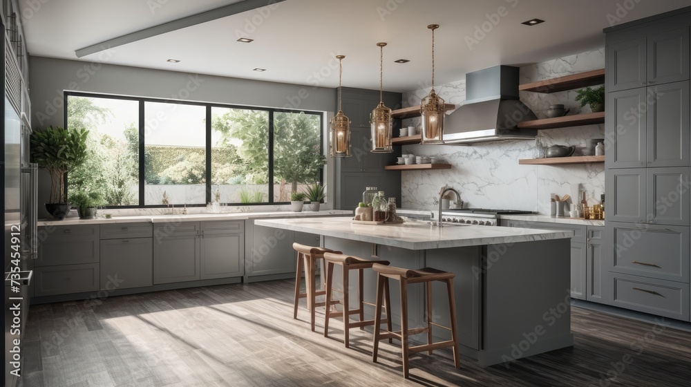 Modern kitchen with gray cabinets and a center island. Modern kitchen with gray cabinets and a center island.