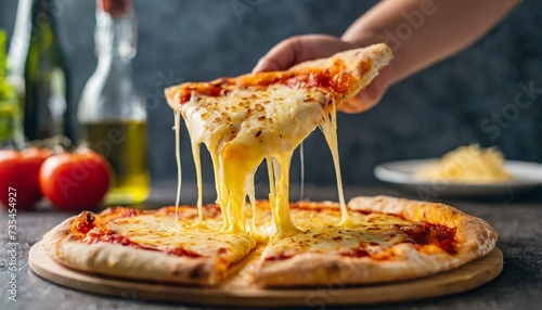 close up of a cheese pizza slice being lifted showcasing the stretchy cheese photo