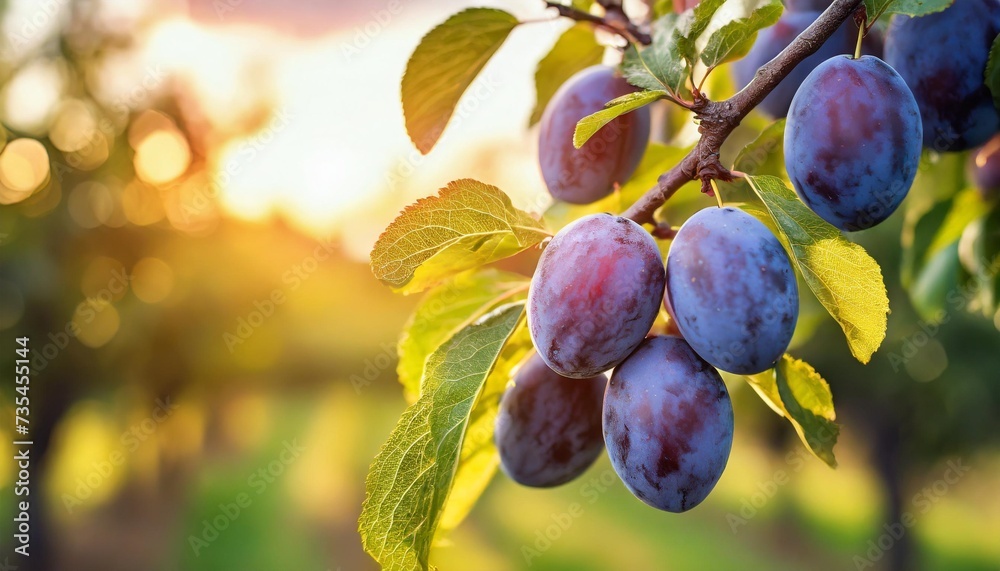 plum tree branch with ripe fruits in the garden at sunset a branch with natural plums against a blurred background of a plum orchard at golden hour generated - obrazy, fototapety, plakaty 