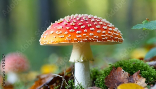 fly agaric amanita muscaria in natural habitat close up on blurred background a species of poisonous chalucigenic mushrooms