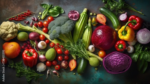 Variety of vegetables are arranged on a dark background.