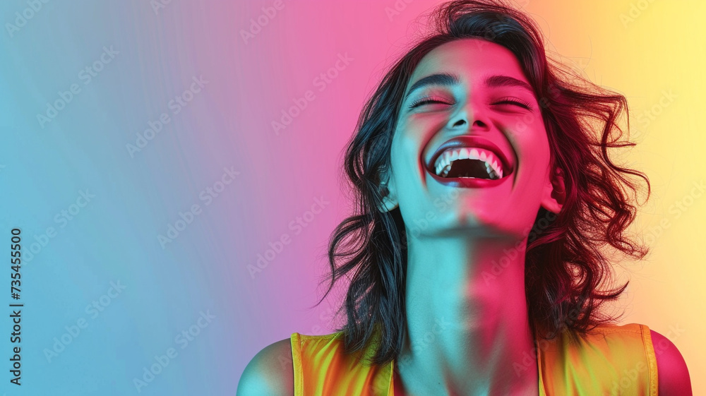 Fototapeta premium April Fools, day of laughter, April 1st, playing practical jokes and spreading hoaxes, smile girl humor prank, banner copy space greeting card background.