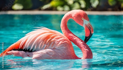 pink flamingo floating in swimming pool