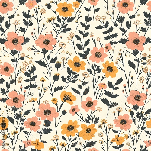 Folk style spring flowers, illustration, continuous seamless pattern.