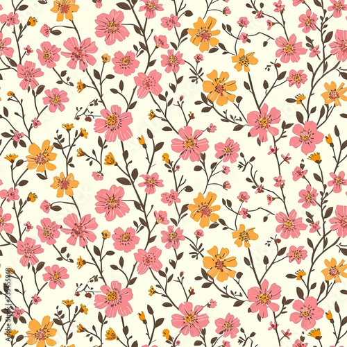 Folk style spring flowers  illustration  continuous seamless pattern.