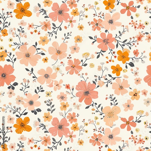 Folk style spring flowers, illustration, continuous seamless pattern.
