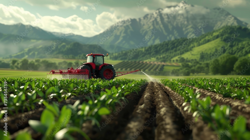 a tractor is cultivating a field to display modern technology with agricultural landscapes. spraying pesticides or attacking pests to demonstrate the effectiveness of modern farming methods. a tractor is cultivating a field to display modern technology with agricultural landscapes. spraying pesticides or attacking pests to demonstrate the effectiveness of modern farming methods.