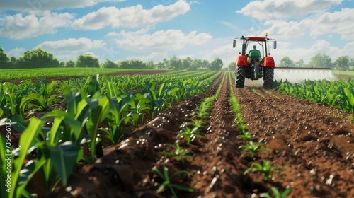 a tractor is cultivating a field to display modern technology with agricultural landscapes. spraying pesticides or attacking pests to demonstrate the effectiveness of modern farming methods.