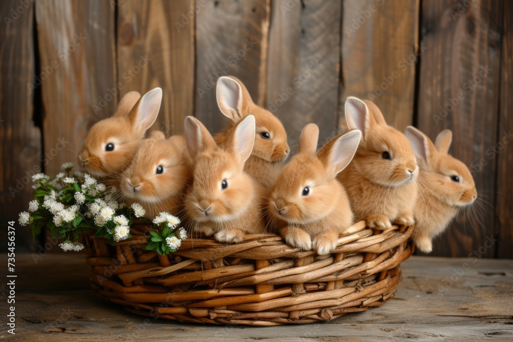 Obraz premium A lot of cute caramel and brown little rabbits ensconced in wicker basket on table against a wooden wall