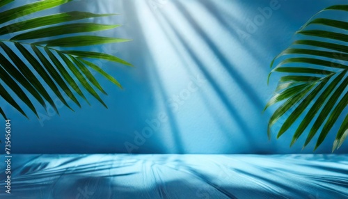 abstract blue studio background for product presentation empty 3d room with shadows of palm leaves display product with blurred backdrop